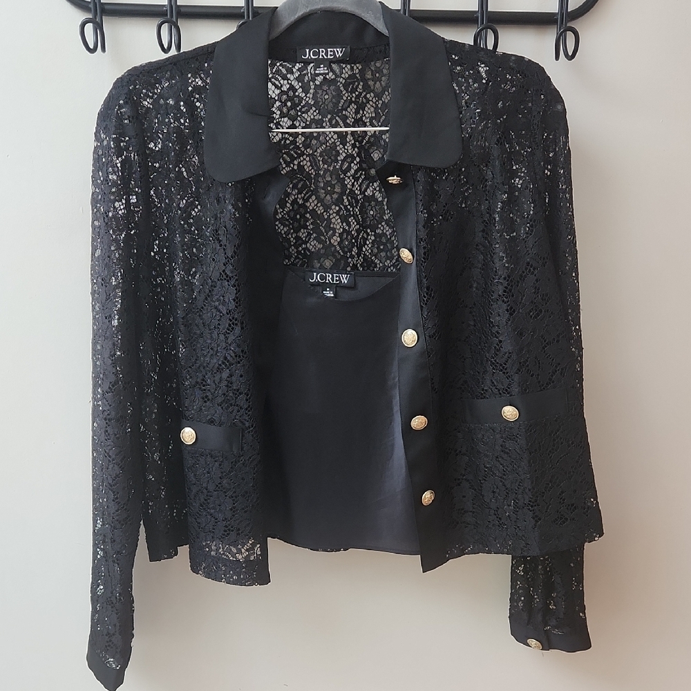 J. Crew Women's Black Lace Blazer with Gold Buttons